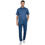 Men INSERCH premium Soft Cool Linen  2pc Walking Leisure suit 7098 Blue Plaid