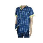 Men INSERCH premium Soft Cool Linen 2pc Walking Leisure suit 7098 Blue Plaid - J.Valintin Men's Wear Legend - 100696