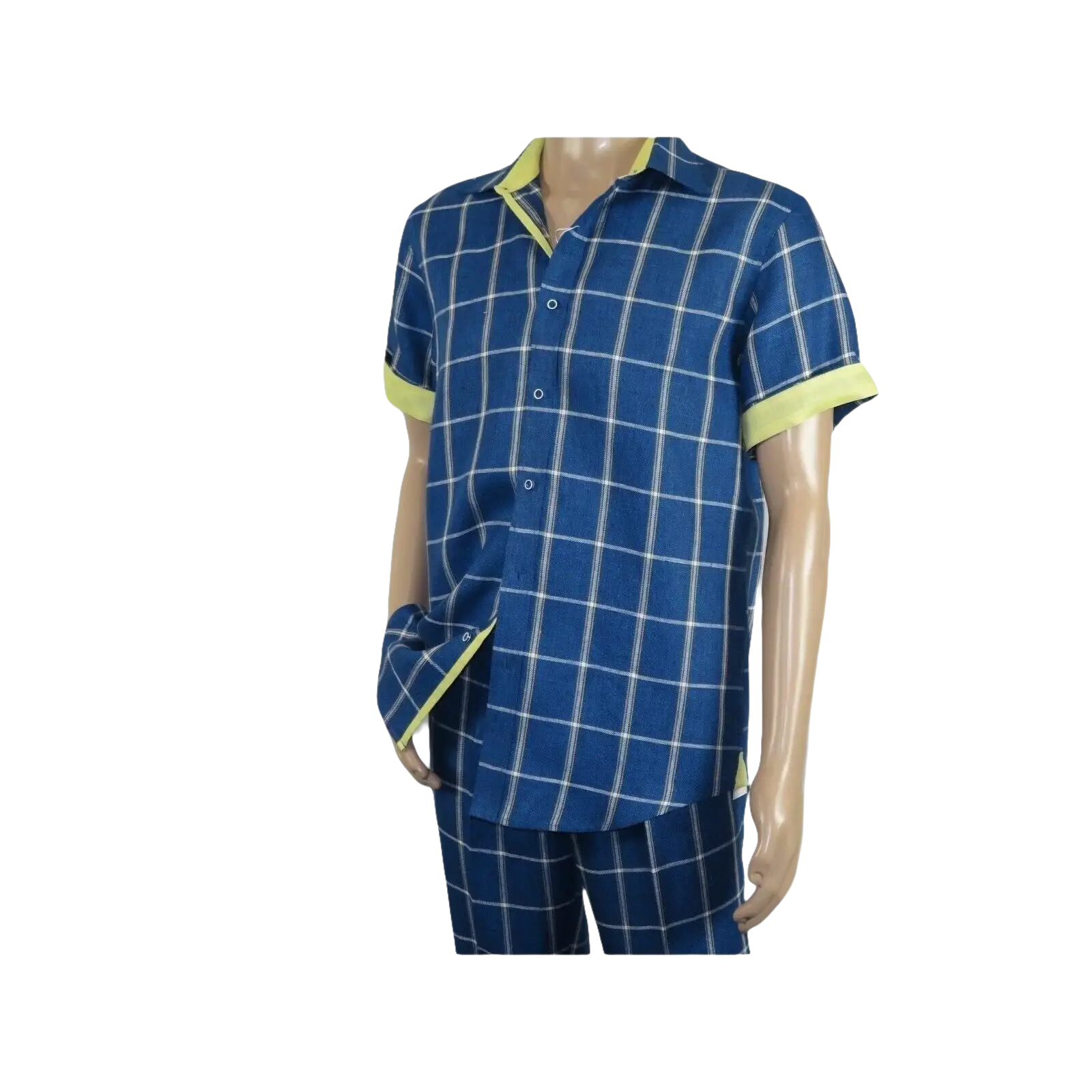 Men INSERCH premium Soft Cool Linen 2pc Walking Leisure suit 7098 Blue Plaid - J.Valintin Men's Wear Legend - 100696