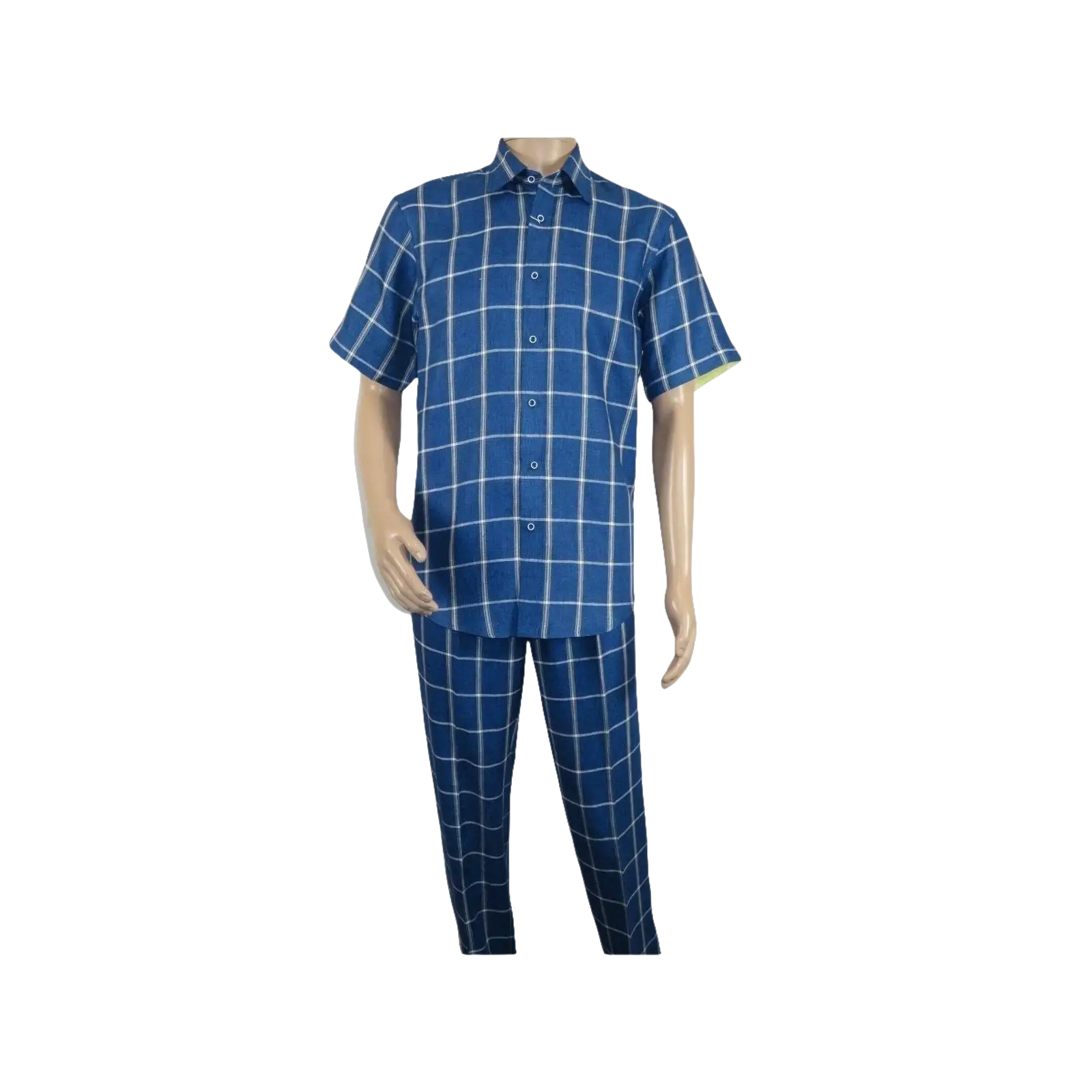 Men INSERCH premium Soft Cool Linen 2pc Walking Leisure suit 7098 Blue Plaid - J.Valintin Men's Wear Legend - 100696