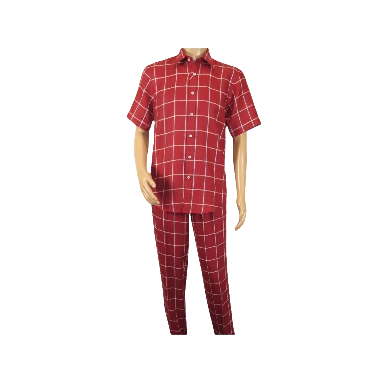 Men INSERCH premium Soft Cool Linen 2pc Walking Leisure suit 7098 Red Plaid - J.Valintin Men's Wear Legend - 100703
