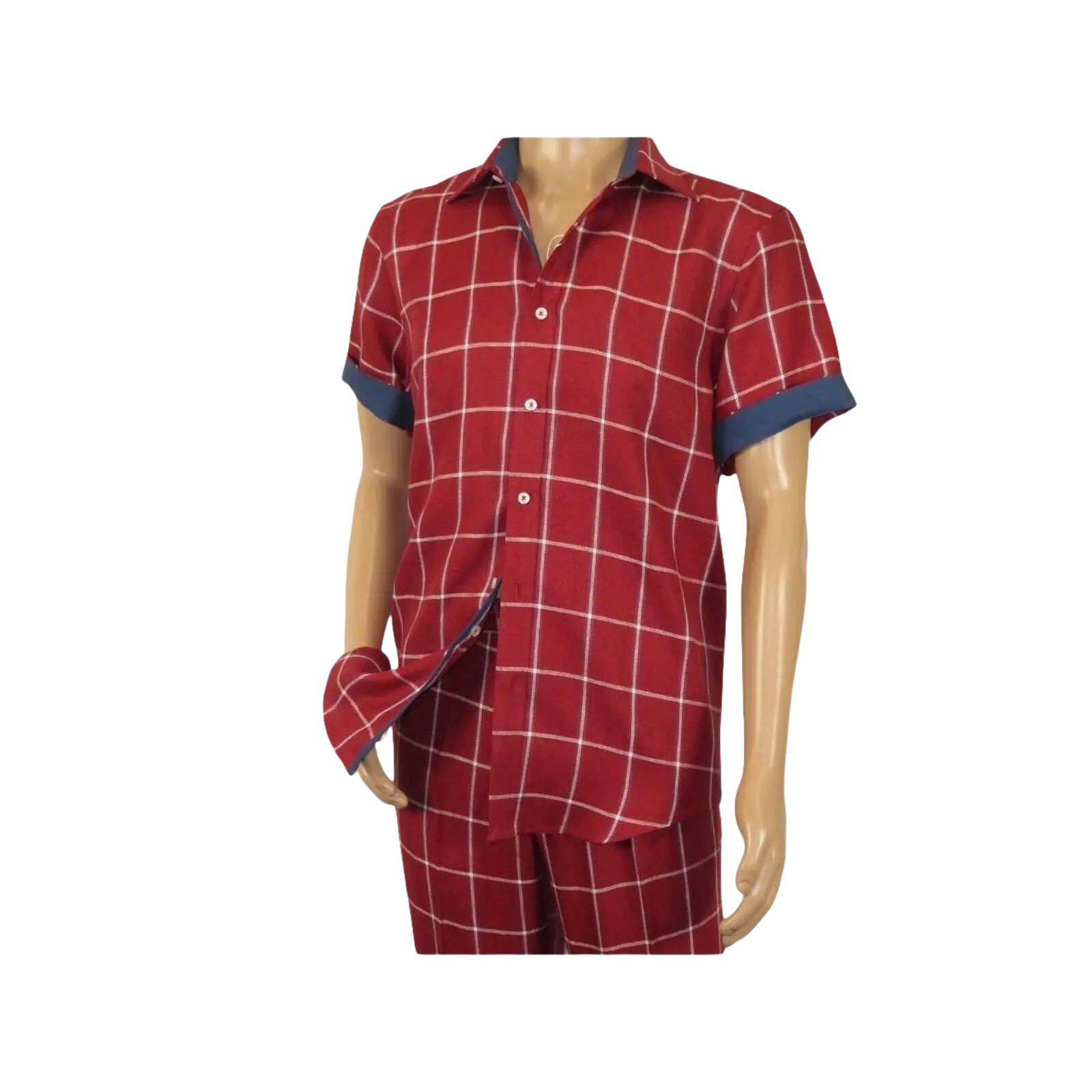 Men INSERCH premium Soft Cool Linen 2pc Walking Leisure suit 7098 Red Plaid - J.Valintin Men's Wear Legend - 100703