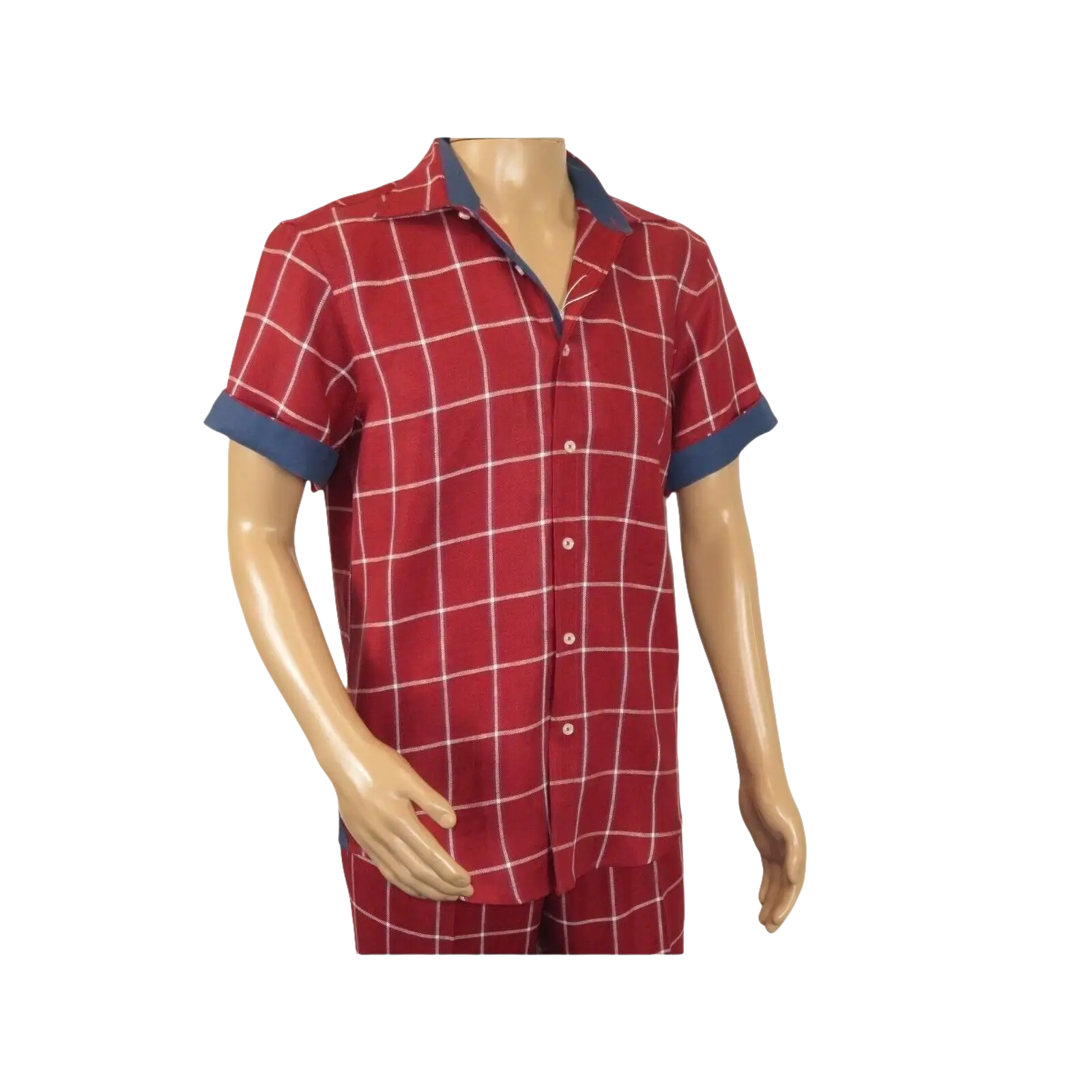 Men INSERCH premium Soft Cool Linen 2pc Walking Leisure suit 7098 Red Plaid - J.Valintin Men's Wear Legend - 100703