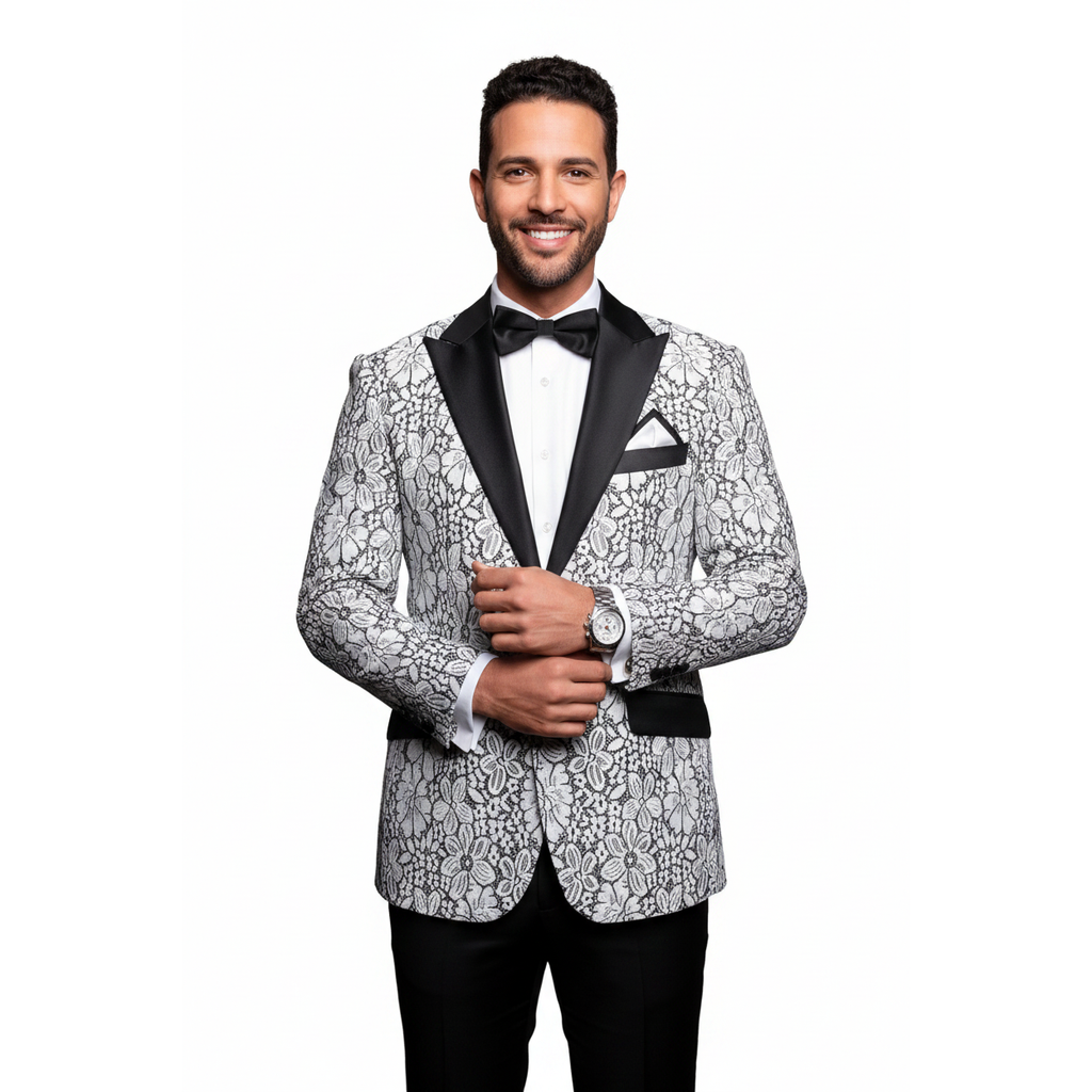 Men Insomnia Manzini Blazer Stage Performer Singer Prom MZN138 White black Lace
