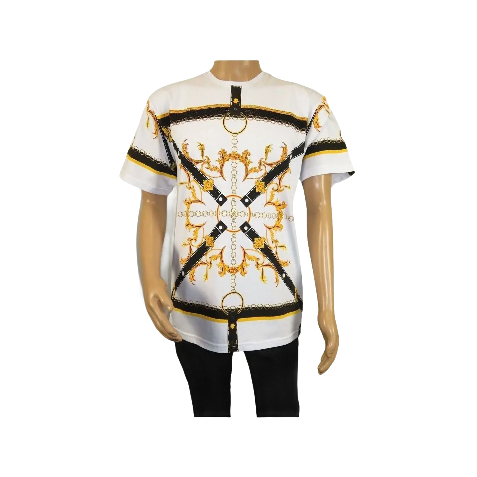 Men LAVERITA European Fashion Crew Shirt Rhine Stones Chain Floral 12085 White - J.Valintin Men's Wear Legend - 99884