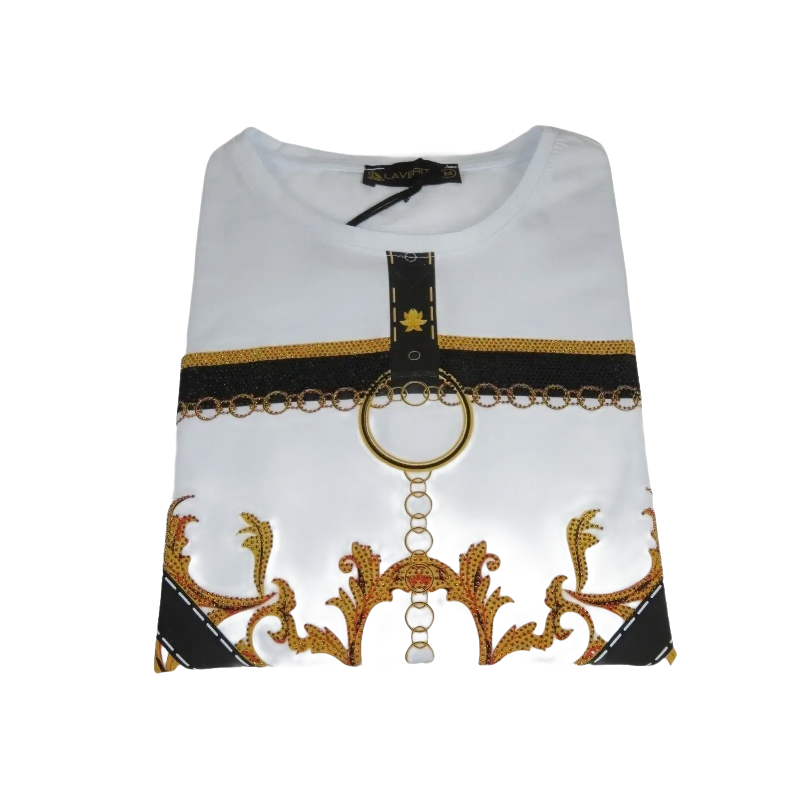 Men LAVERITA European Fashion Crew Shirt Rhine Stones Chain Floral 12085 White - J.Valintin Men's Wear Legend - 99884