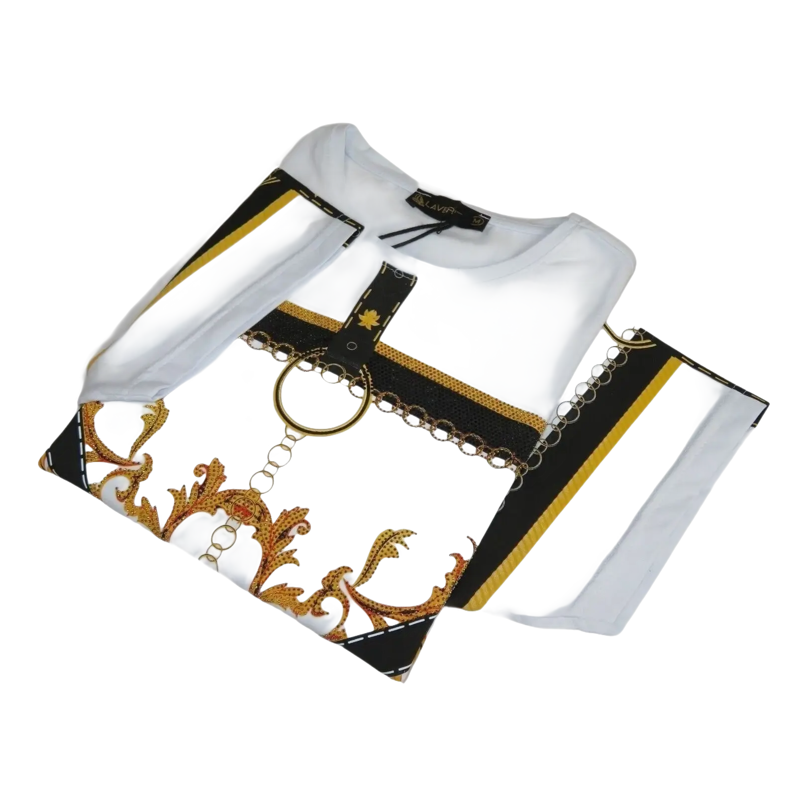 Men LAVERITA European Fashion Crew Shirt Rhine Stones Chain Floral 12085 White - J.Valintin Men's Wear Legend - 99884