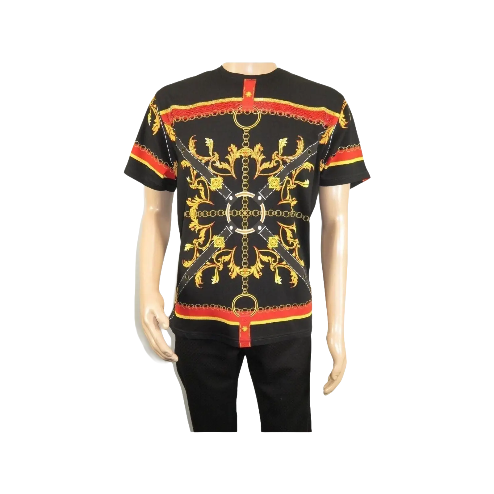 Men LAVERITA European Fashion Crew Shirt Rhine Stones Chain Florals 12085 Black - J.Valintin Men's Wear Legend - 99890
