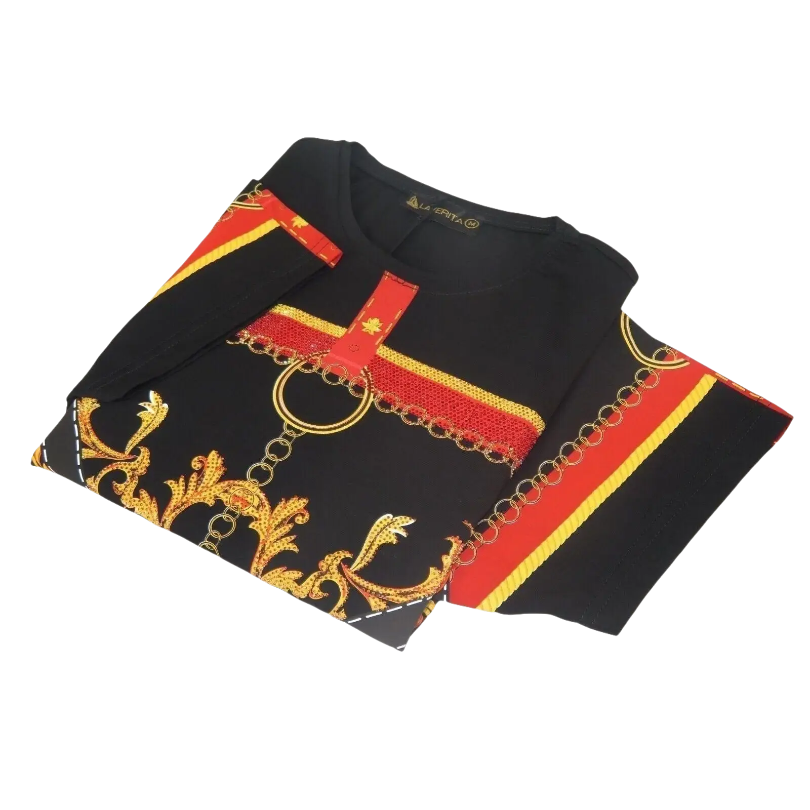 Men LAVERITA European Fashion Crew Shirt Rhine Stones Chain Florals 12085 Black - J.Valintin Men's Wear Legend - 99890