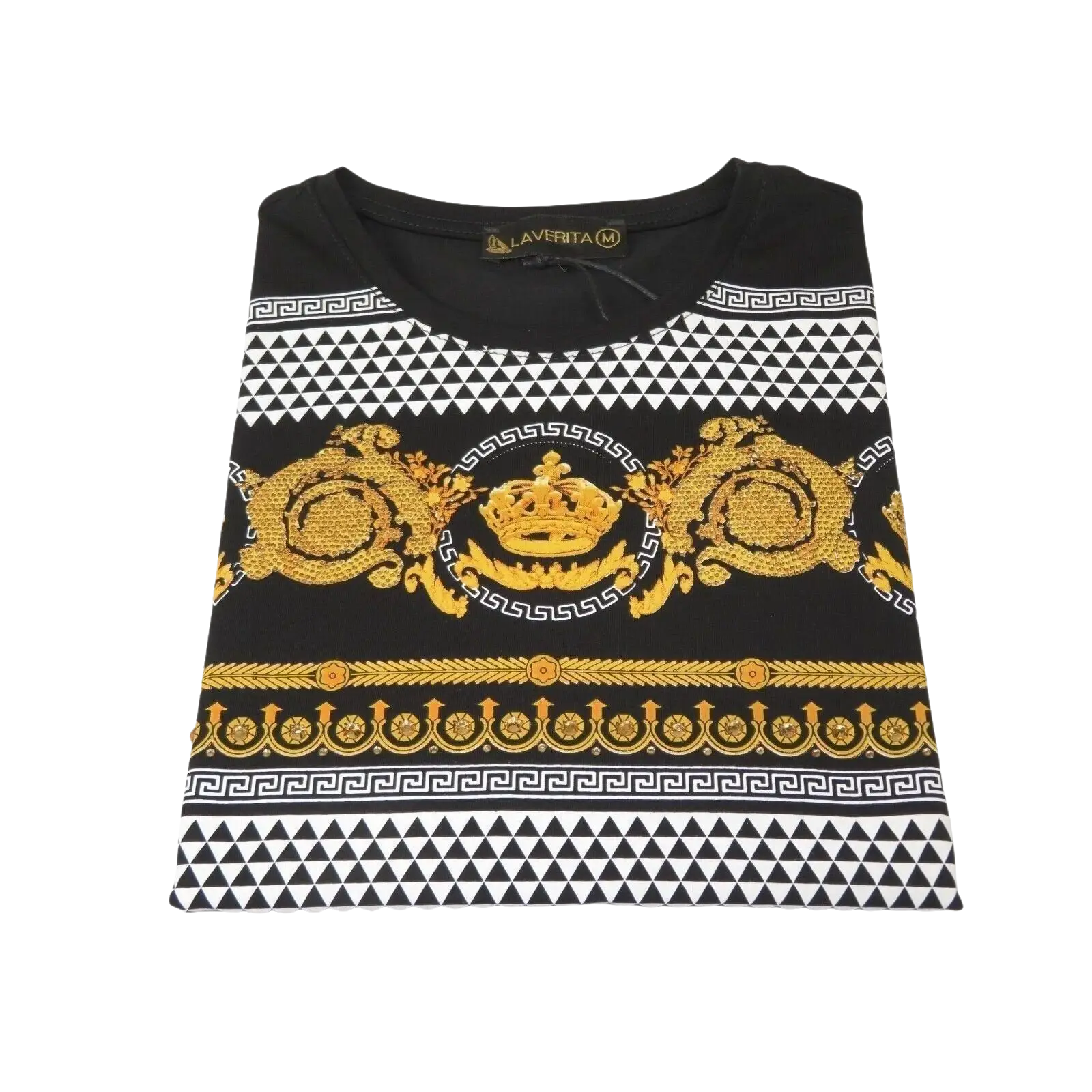 Men LAVERITA European Fashion Crew Shirt Rhine Stones Crown Floral 12087 Black - J.Valintin Men's Wear Legend - 99897