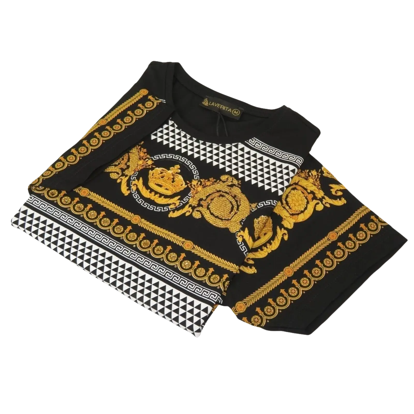 Men LAVERITA European Fashion Crew Shirt Rhine Stones Crown Floral 12087 Black - J.Valintin Men's Wear Legend - 99897