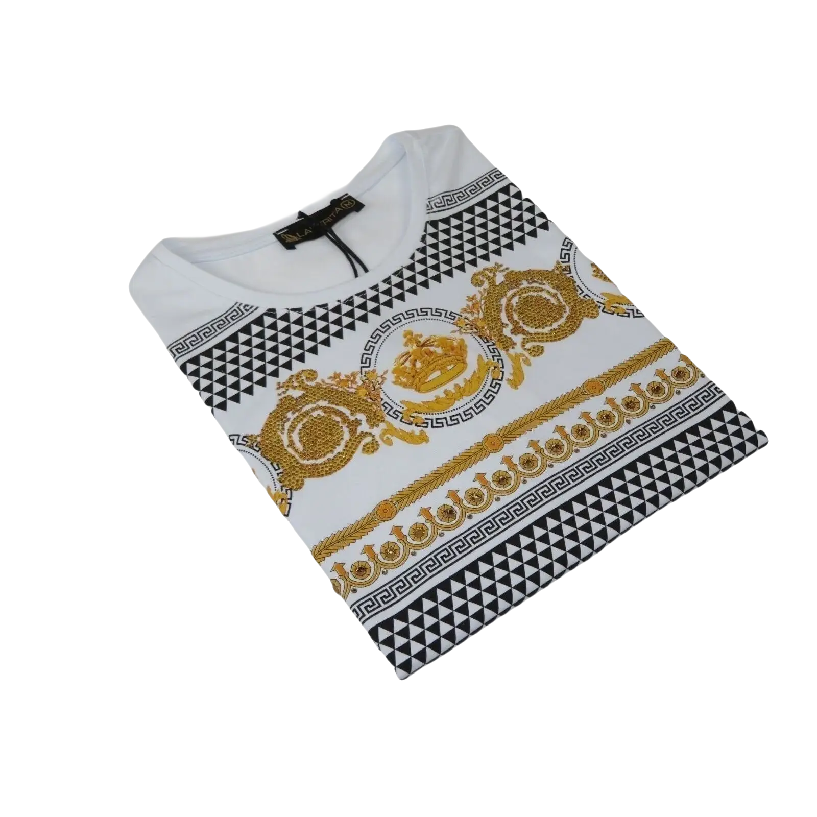 Men LAVERITA European Fashion Crew Shirt Rhine Stones Crown Floral 12087 White - J.Valintin Men's Wear Legend - 99903