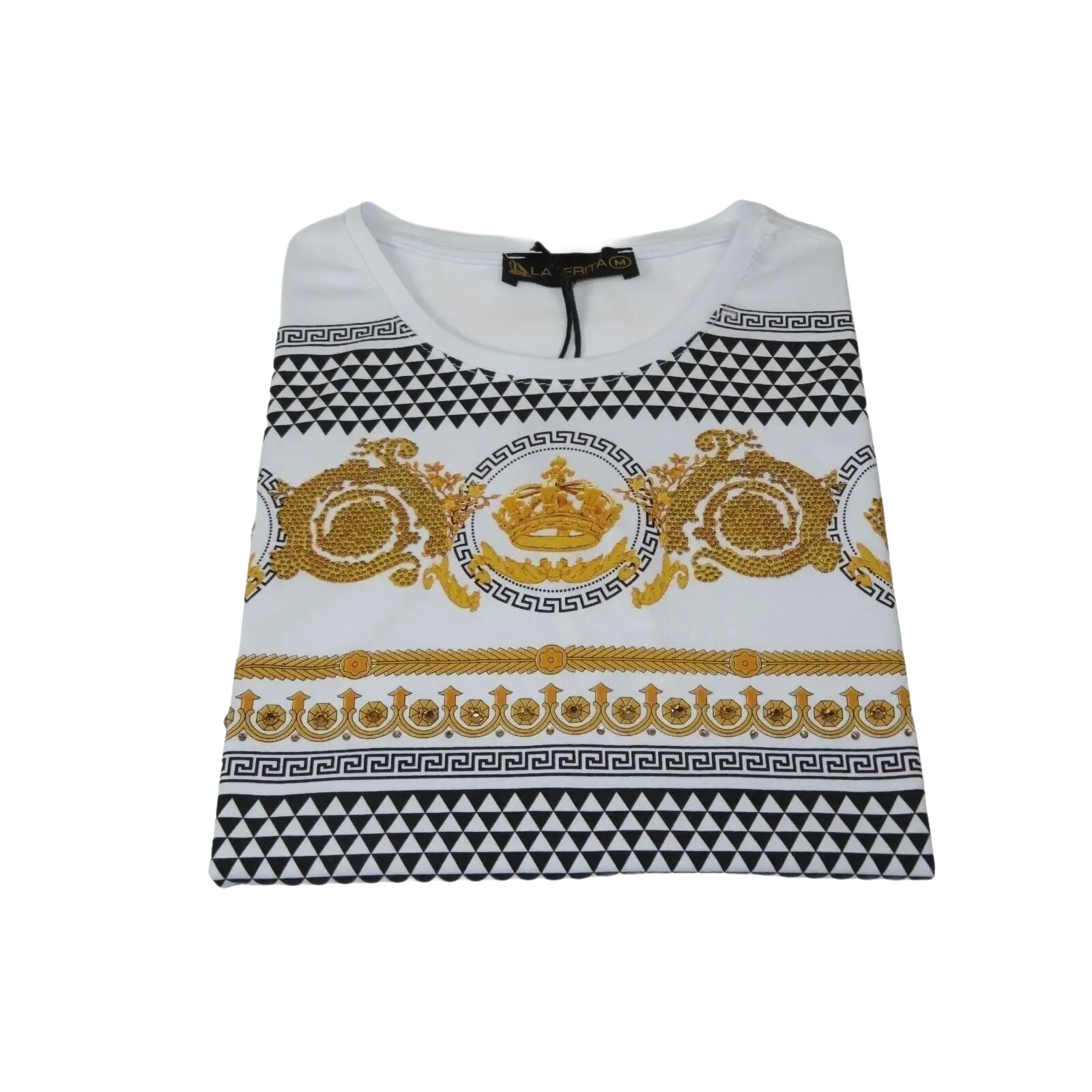 Men LAVERITA European Fashion Crew Shirt Rhine Stones Crown Floral 12087 White - J.Valintin Men's Wear Legend - 99903