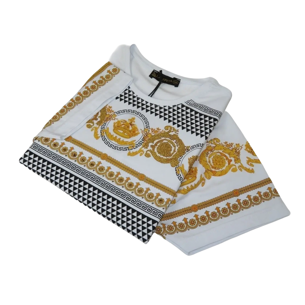 Men LAVERITA European Fashion Crew Shirt Rhine Stones Crown Floral 12087 White - J.Valintin Men's Wear Legend - 99903