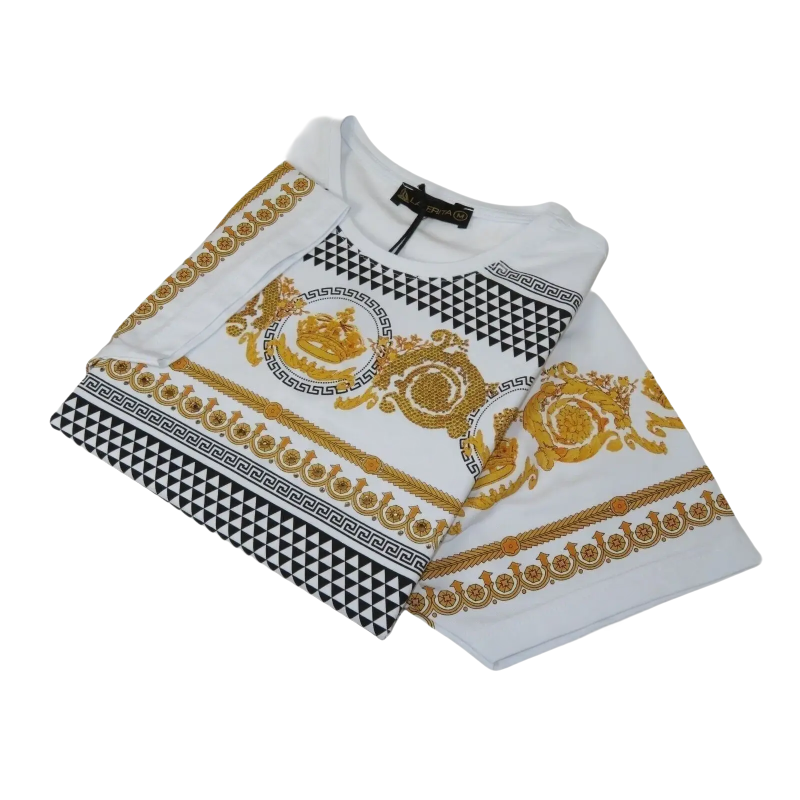 Men LAVERITA European Fashion Crew Shirt Rhine Stones Crown Floral 12087 White - J.Valintin Men's Wear Legend - 99903