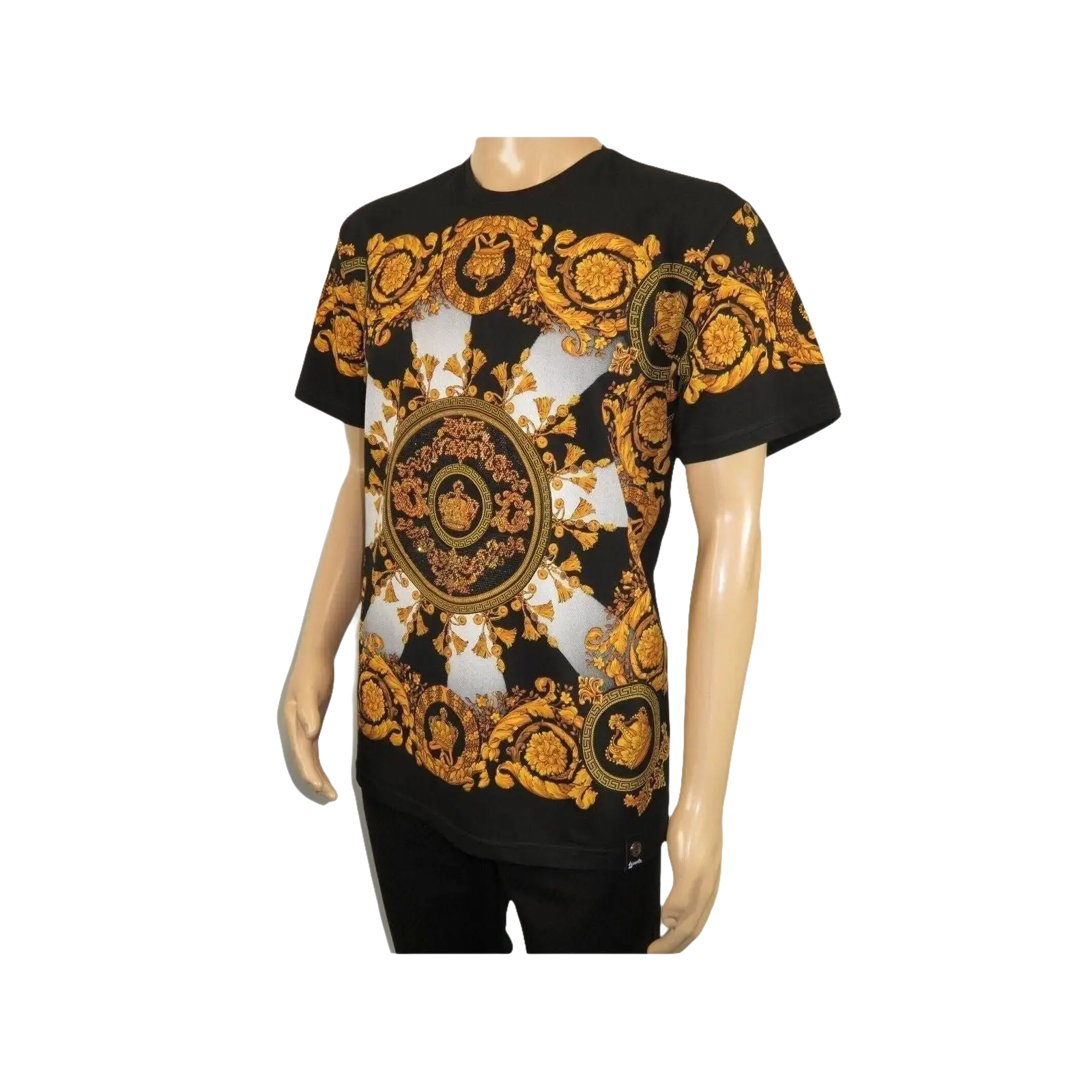 Men LAVERITA European Fashion Crew Shirt Rhine Stones Crown Florals 12089 Black - J.Valintin Men's Wear Legend - 99866