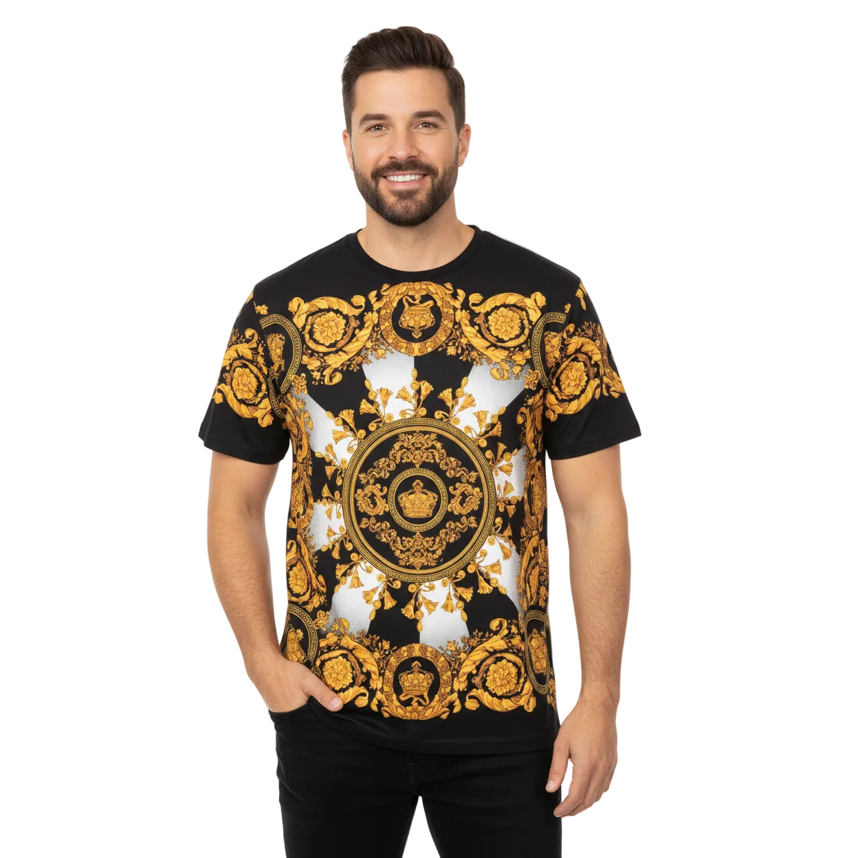Men LAVERITA European Fashion Crew Shirt Rhine Stones Crown Florals 12089 Black