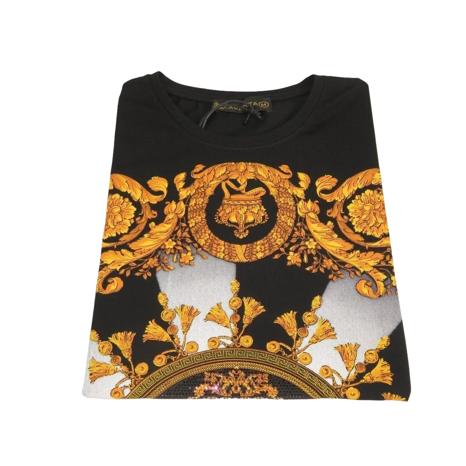 Men LAVERITA European Fashion Crew Shirt Rhine Stones Crown Florals 12089 Black - J.Valintin Men's Wear Legend - 99866