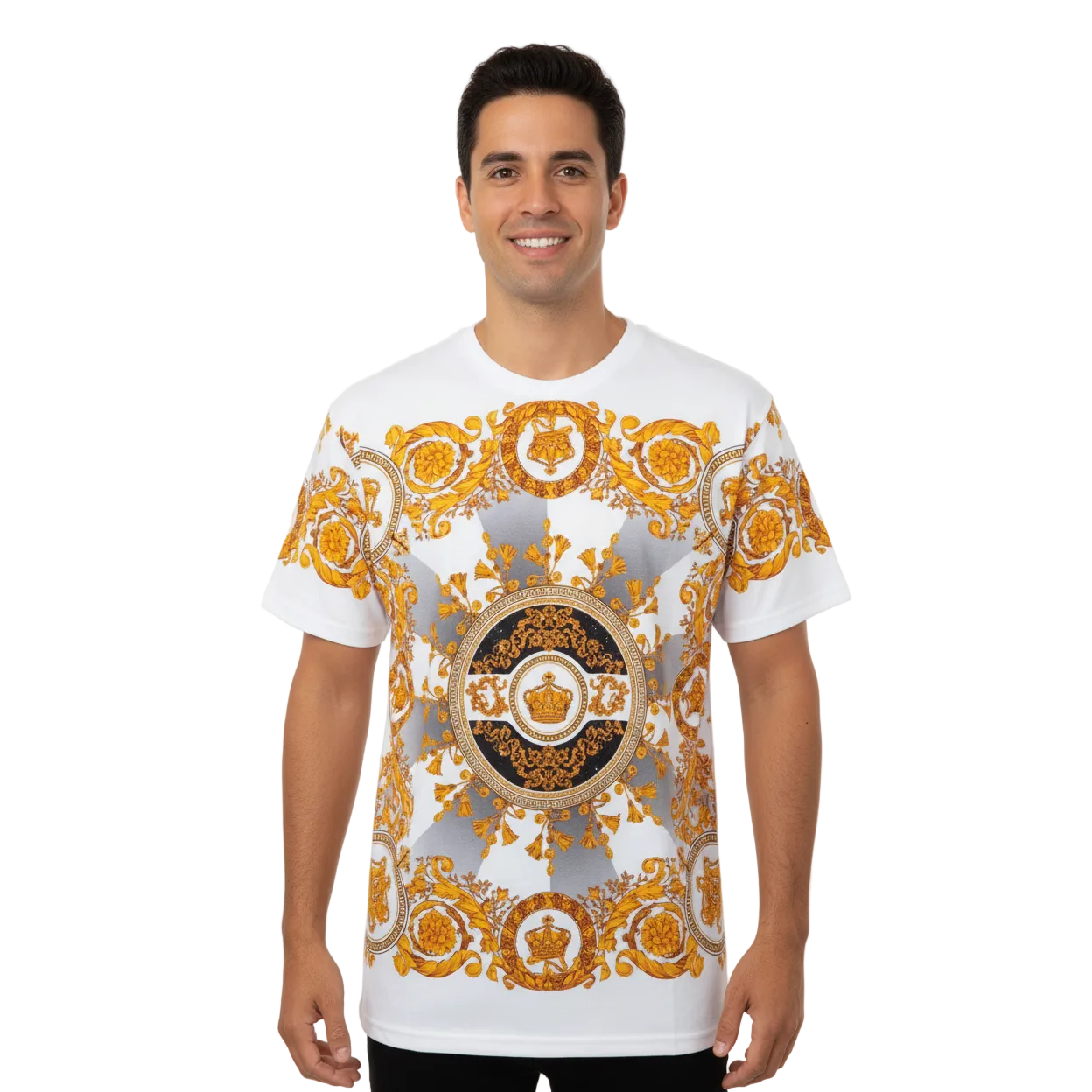 Men LAVERITA European Fashion Crew Shirt Rhine Stones Crown Florals 12089 White