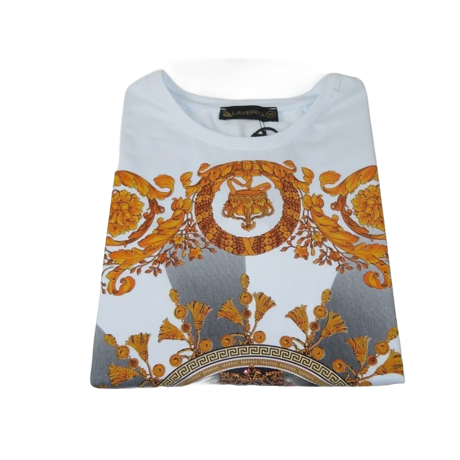Men LAVERITA European Fashion Crew Shirt Rhine Stones Crown Florals 12089 White - J.Valintin Men's Wear Legend - 99872
