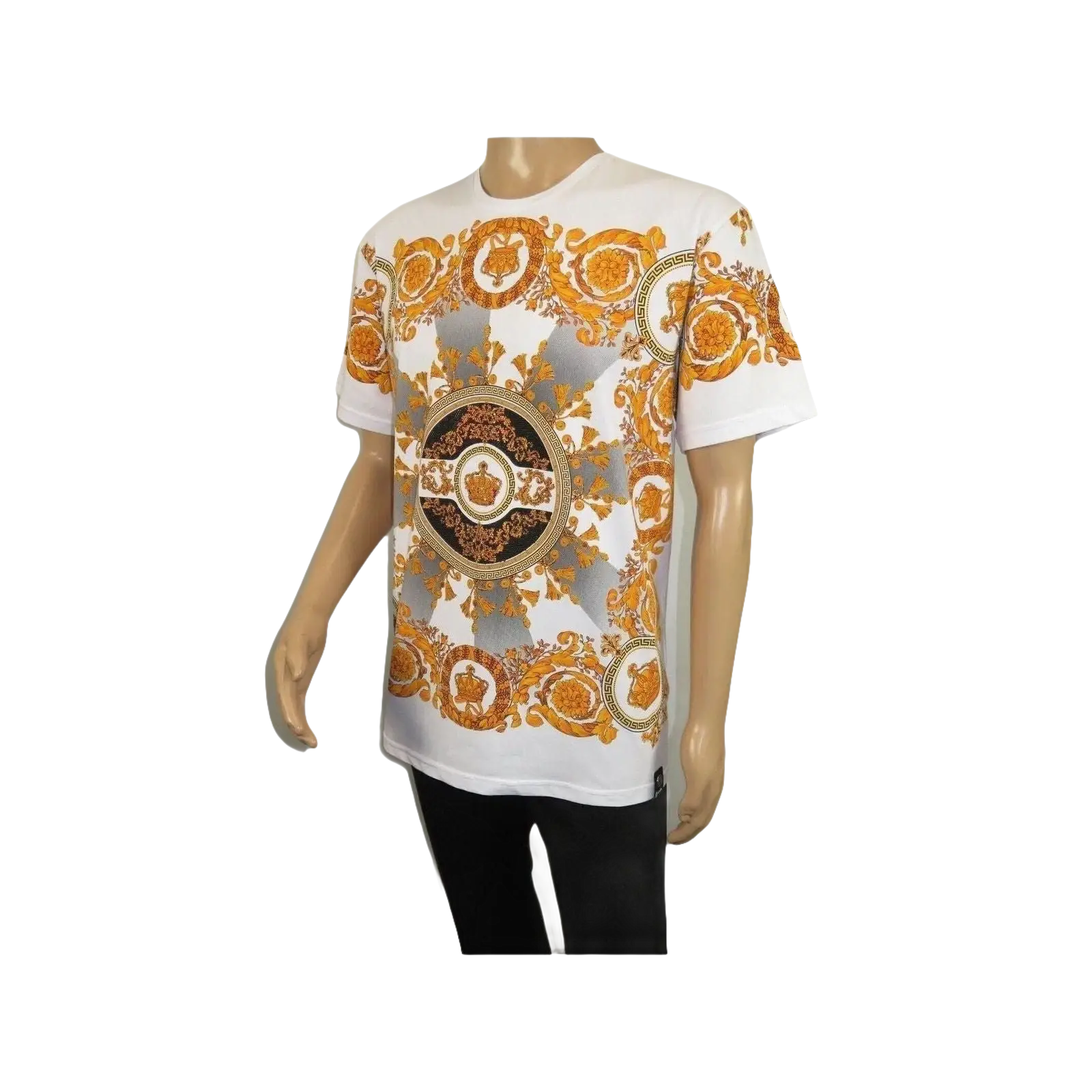 Men LAVERITA European Fashion Crew Shirt Rhine Stones Crown Florals 12089 White - J.Valintin Men's Wear Legend - 99872