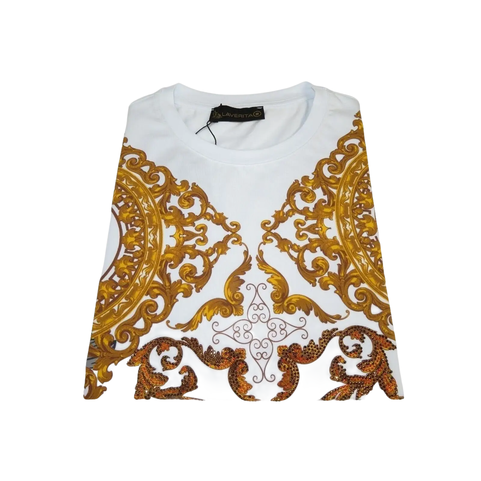 Men LAVERITA European Fashion Crew Shirt Rhine Stones Floral 93370 White - J.Valintin Men's Wear Legend - 99957