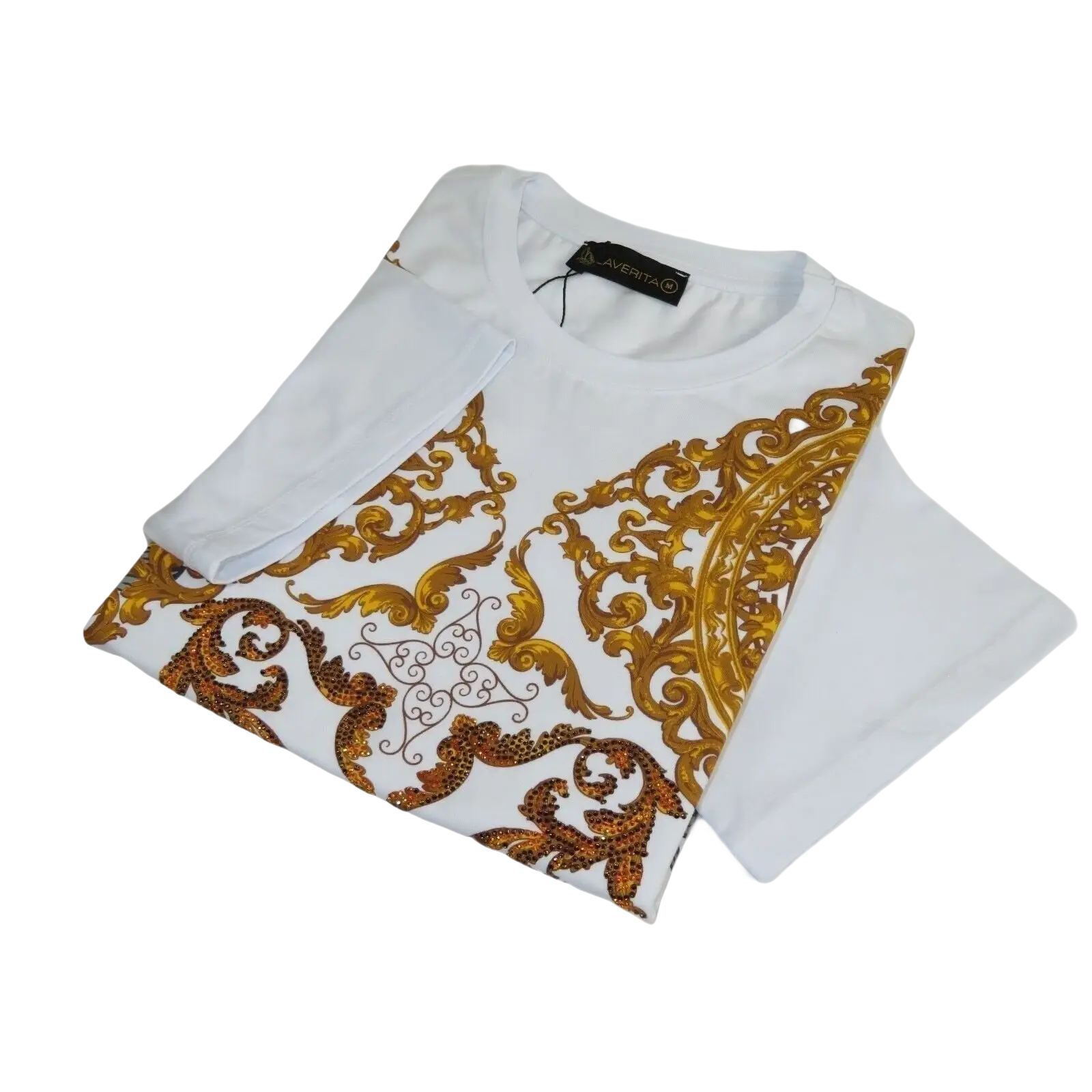 Men LAVERITA European Fashion Crew Shirt Rhine Stones Floral 93370 White - J.Valintin Men's Wear Legend - 99957
