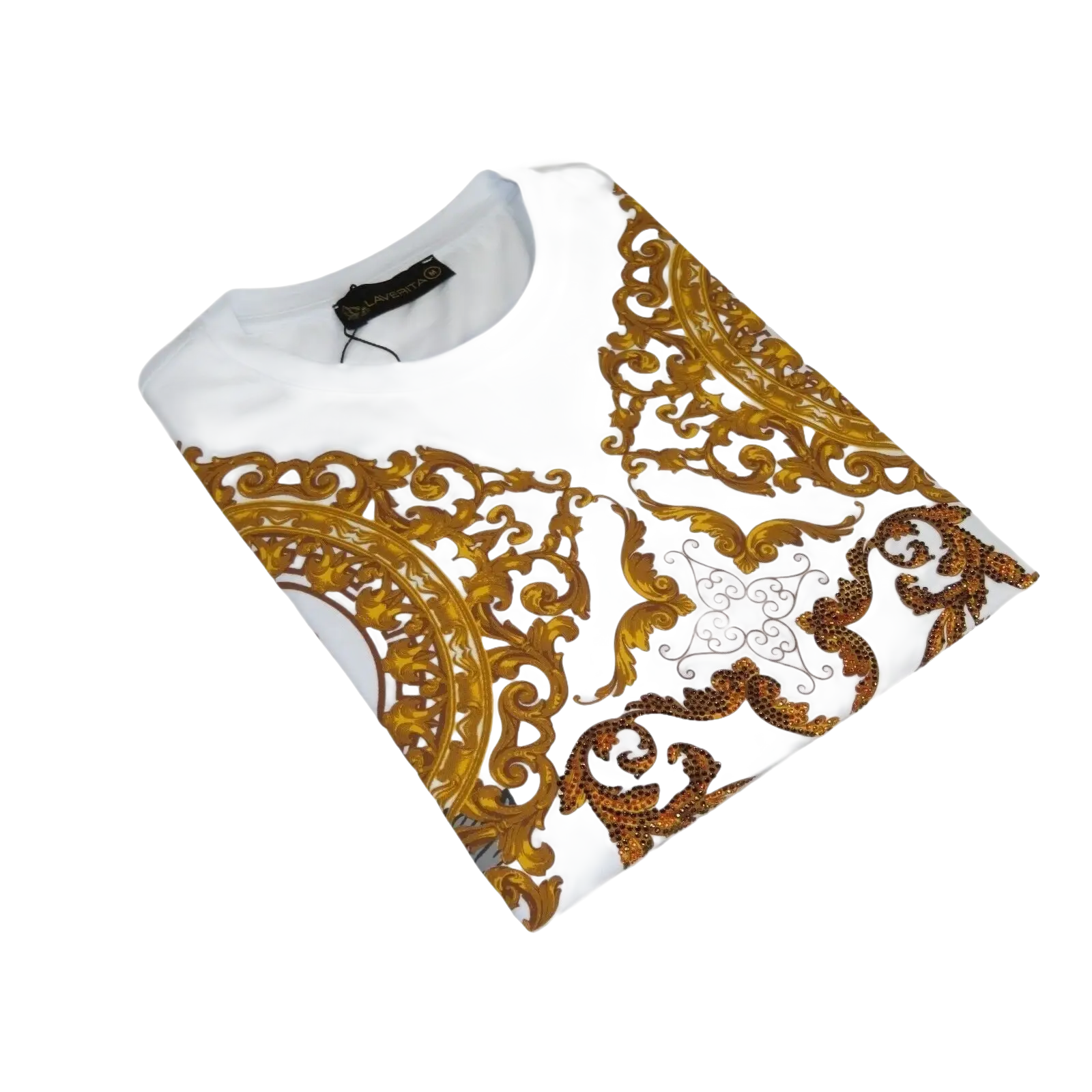 Men LAVERITA European Fashion Crew Shirt Rhine Stones Floral 93370 White - J.Valintin Men's Wear Legend - 99957