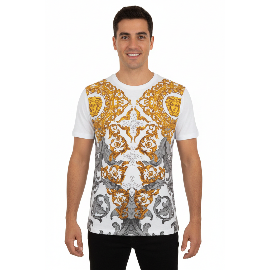 Men LAVERITA European Fashion Crew Shirt Rhine Stones Floral 93370 White