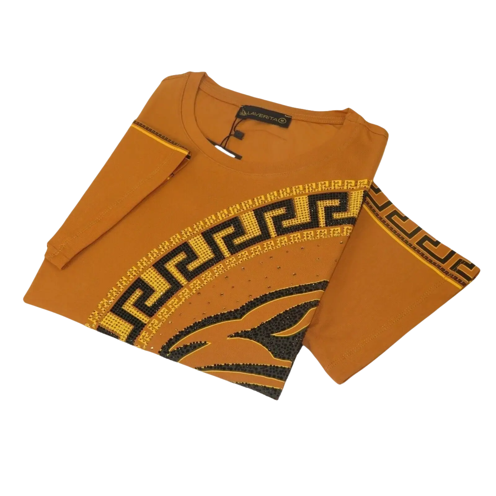 Men LAVERITA European Fashion Crew Shirt Short Sleeve Lion Medallion 93265 Camel - J.Valintin Men's Wear Legend - 99969