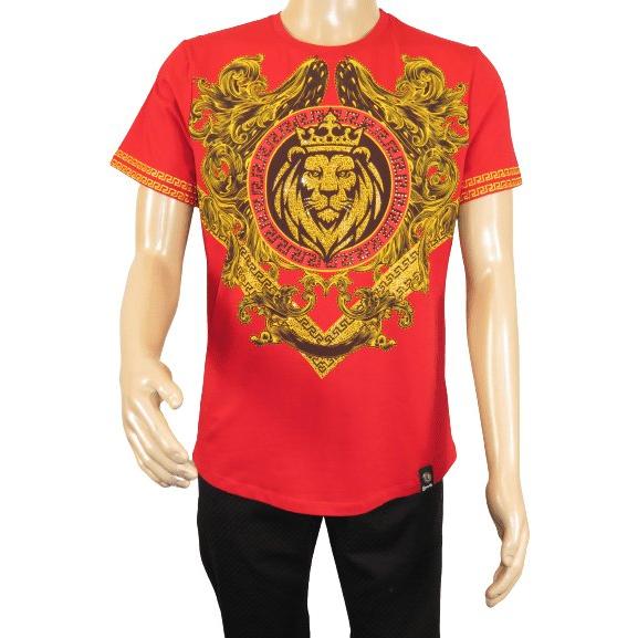 Men LAVERITA European Fashion Crew Shirt Short Sleeve Lion Medallion 93312 Red - J.Valintin Men's Wear Legend - 99945