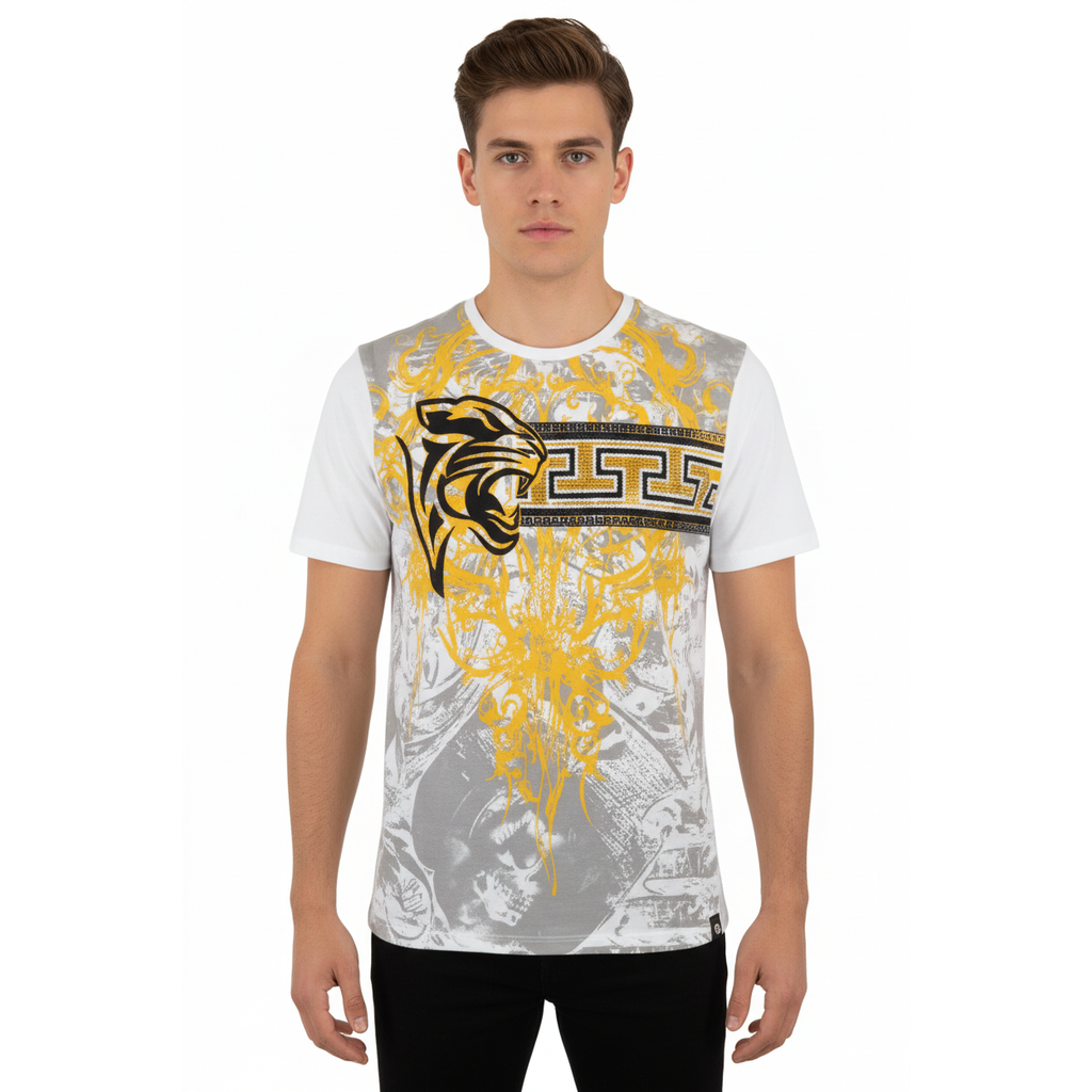 Men LAVERITA European Fashion Crew Shirt Short Sleeve Lion Medallion 93324 White