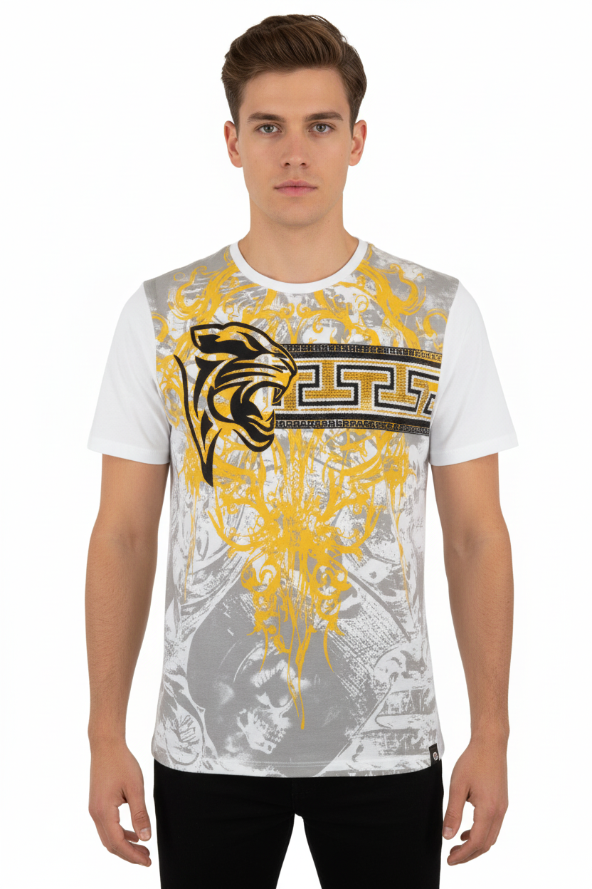 Men LAVERITA European Fashion Crew Shirt Short Sleeve Lion Medallion 93324 White