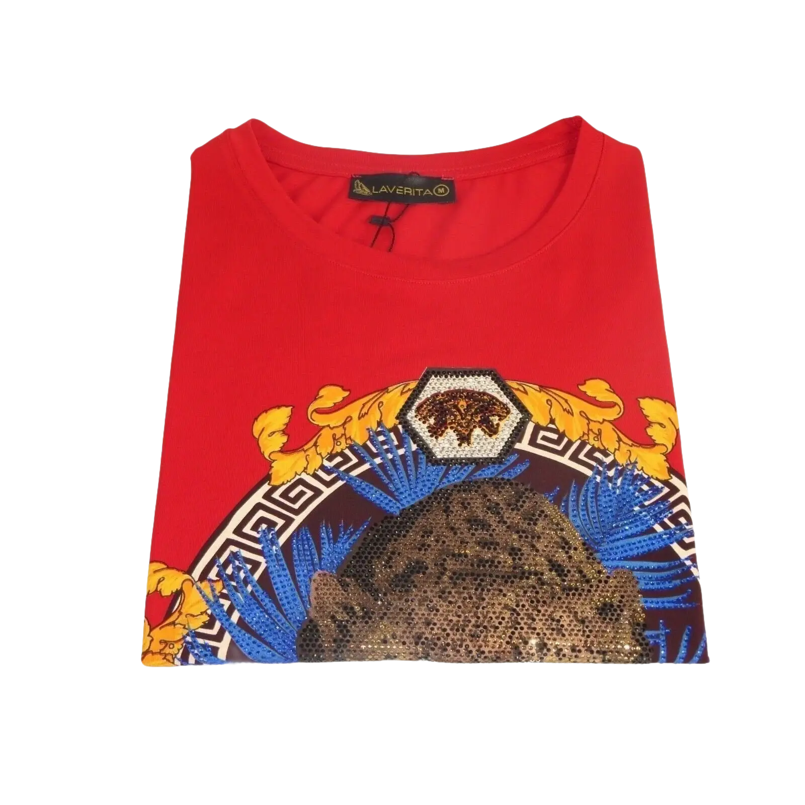 Men LAVERITA European Fashion Crew Shirt Short Sleeve Lion Medallion 93357 Red - J.Valintin Men's Wear Legend - 99963