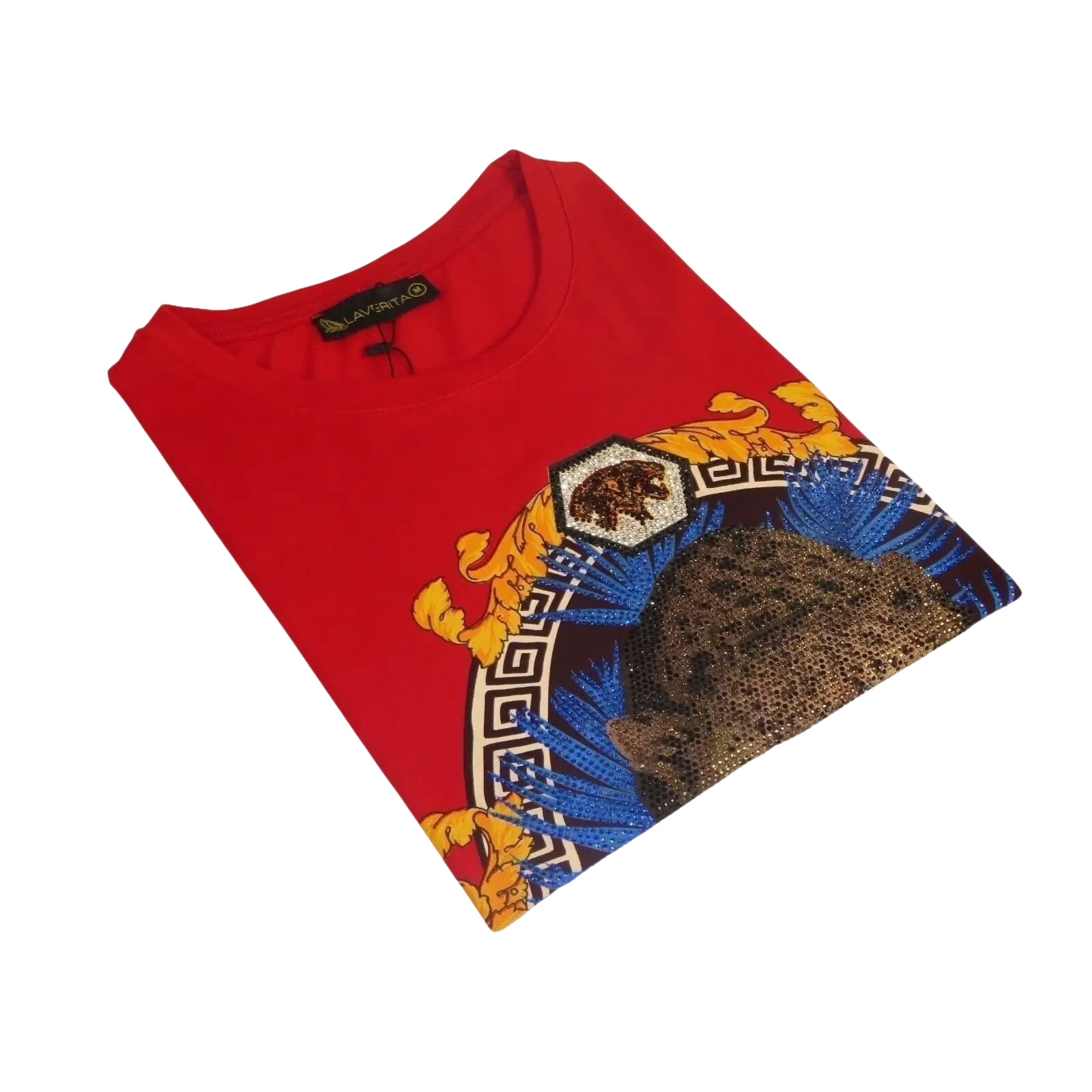 Men LAVERITA European Fashion Crew Shirt Short Sleeve Lion Medallion 93357 Red - J.Valintin Men's Wear Legend - 99963