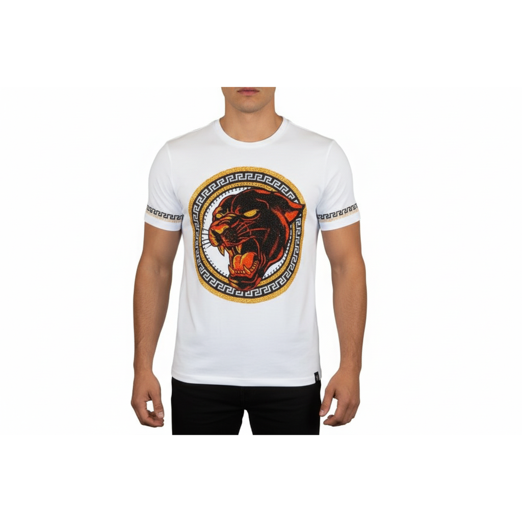 Men LAVERITA European Fashion Crew Shirt Short Sleeve Lion Medallion 94453 White