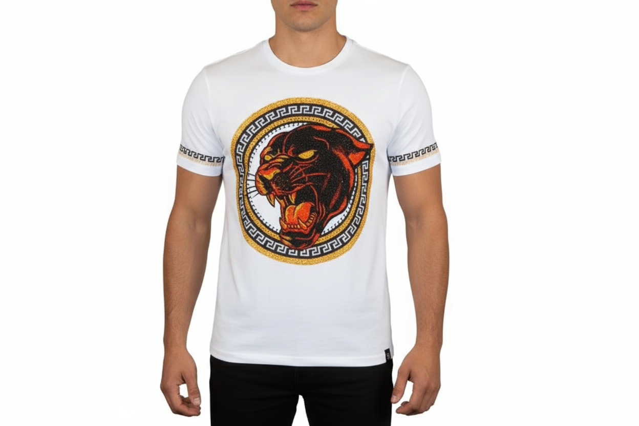 Men LAVERITA European Fashion Crew Shirt Short Sleeve Lion Medallion 94453 White