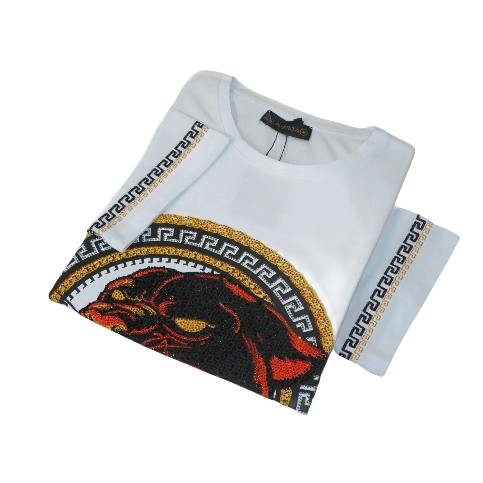 Men LAVERITA European Fashion Crew Shirt Short Sleeve Lion Medallion 94453 White - J.Valintin Men's Wear Legend - 99921