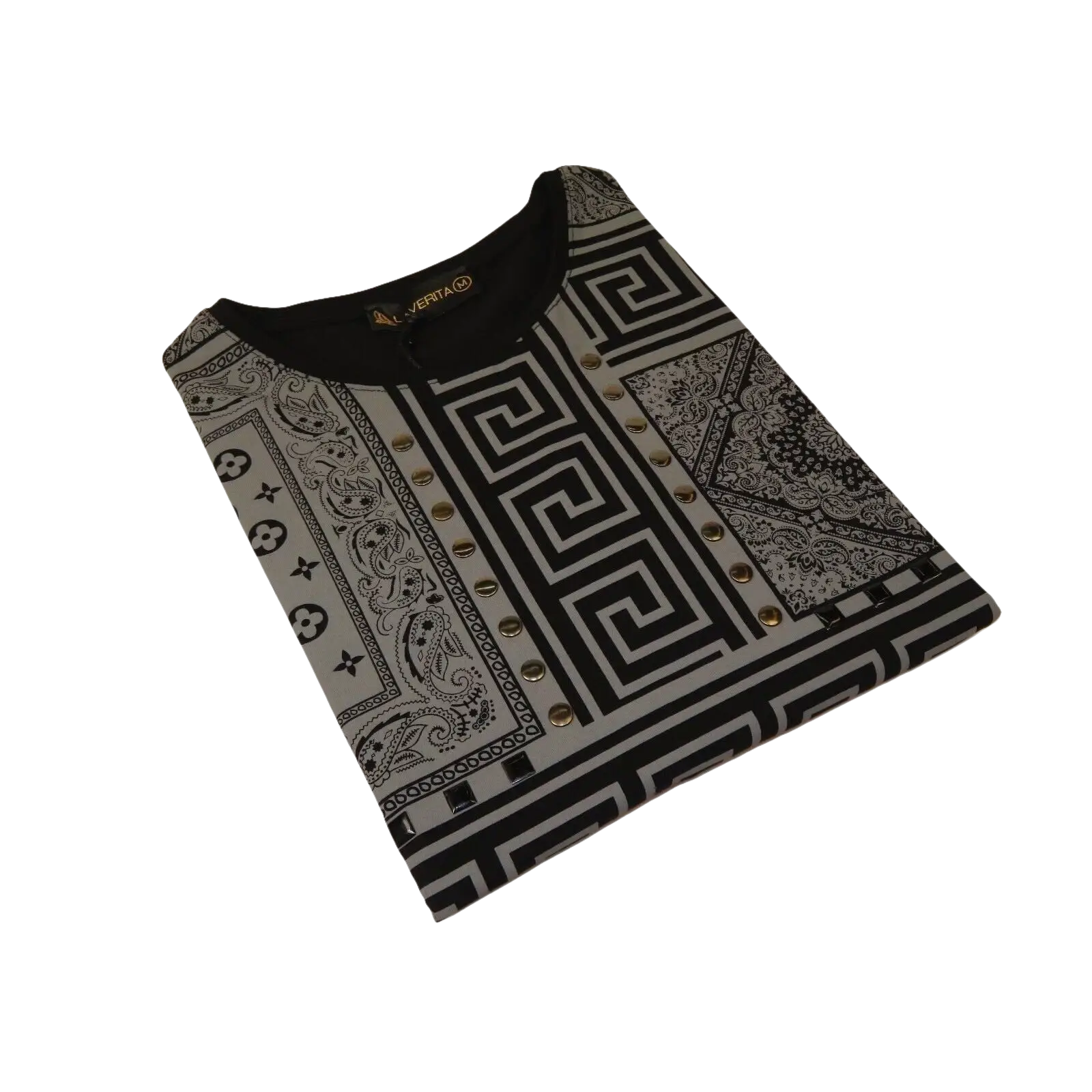 Men LAVERITA European Fashion Crew Shirt Studs Medusa 12120 Black Gray - J.Valintin Men's Wear Legend - 99878