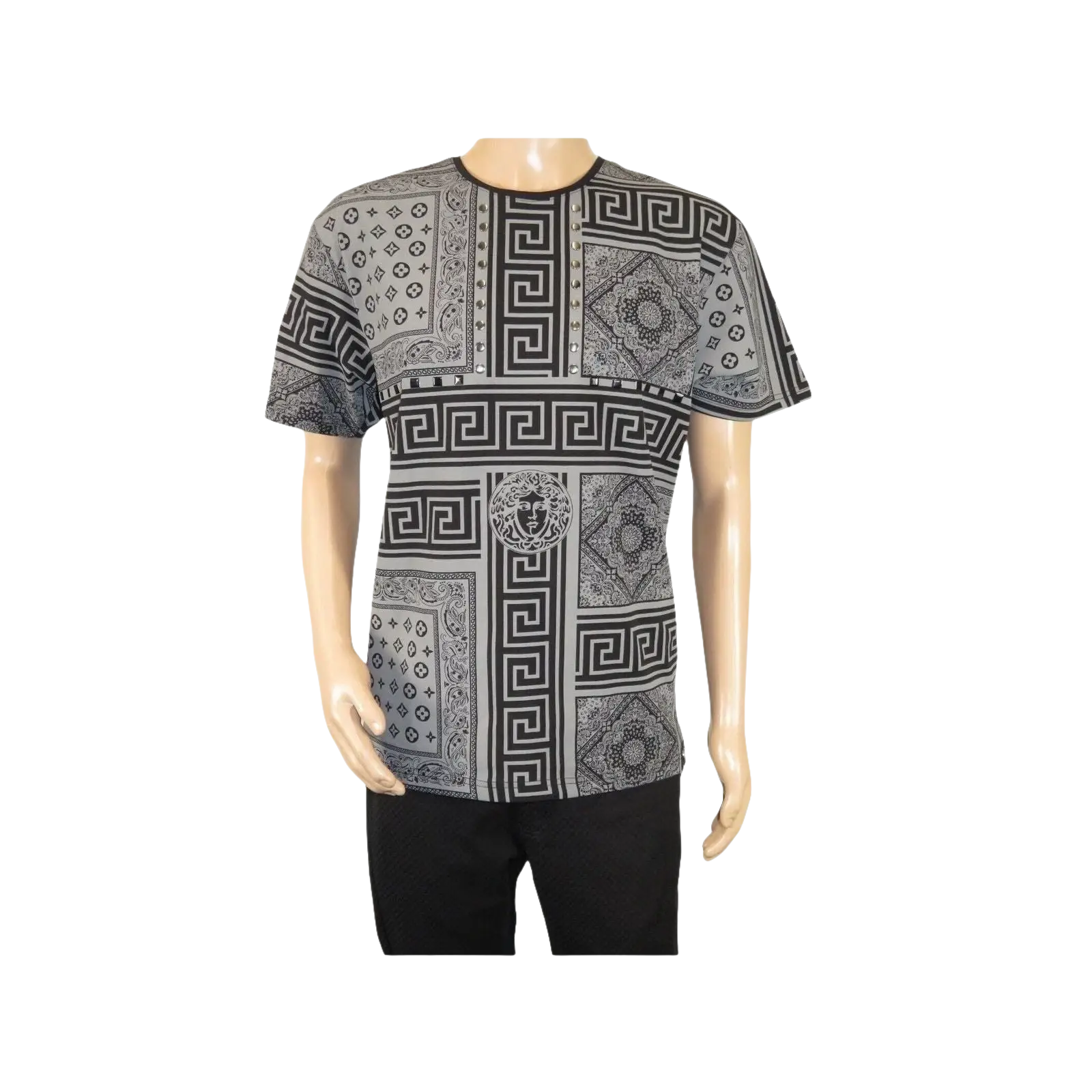 Men LAVERITA European Fashion Crew Shirt Studs Medusa 12120 Black Gray - J.Valintin Men's Wear Legend - 99878