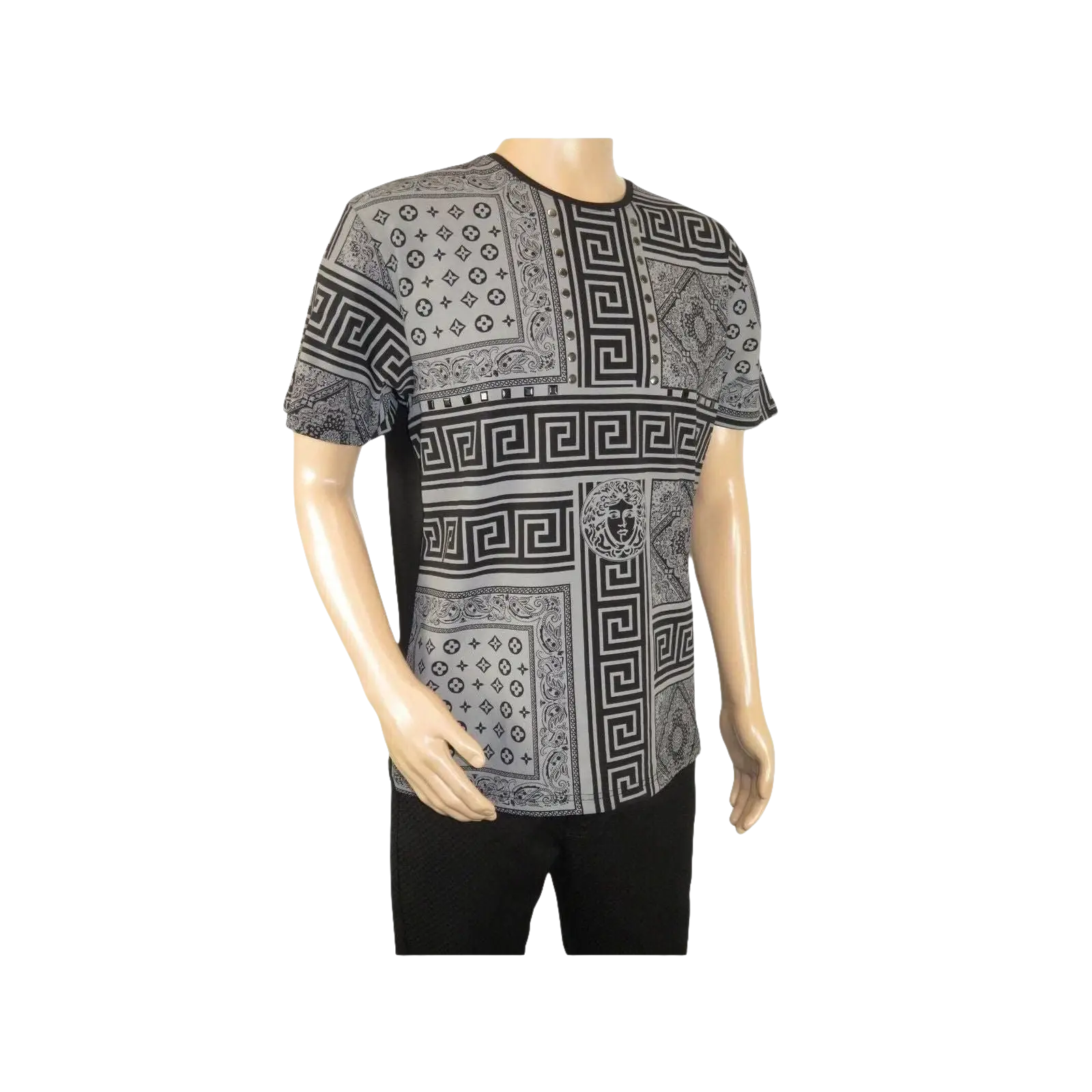 Men LAVERITA European Fashion Crew Shirt Studs Medusa 12120 Black Gray - J.Valintin Men's Wear Legend - 99878