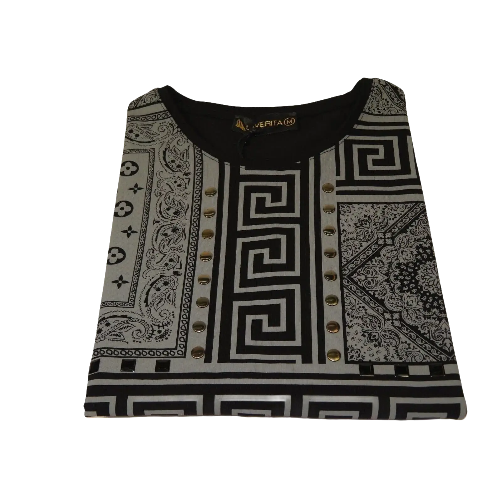 Men LAVERITA European Fashion Crew Shirt Studs Medusa 12120 Black Gray - J.Valintin Men's Wear Legend - 99878