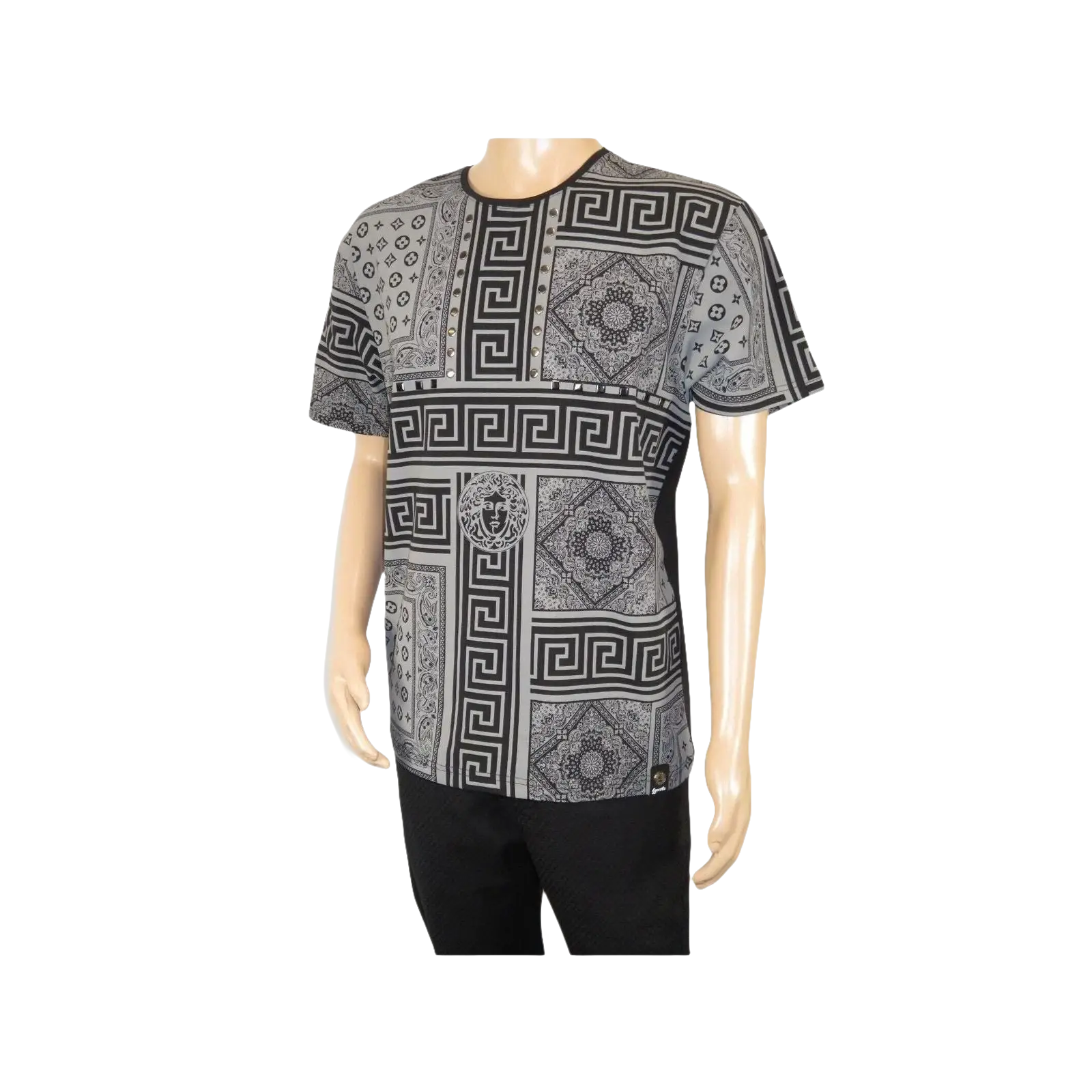 Men LAVERITA European Fashion Crew Shirt Studs Medusa 12120 Black Gray - J.Valintin Men's Wear Legend - 99878