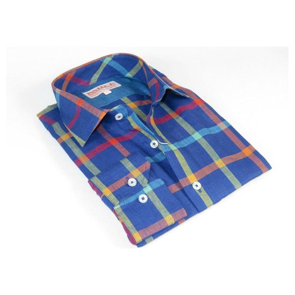 Men Linen Sports Shirt By INSERCH English Plaid European 2905 Blue Multi Checker - J.Valintin Men's Wear Legend - 94087