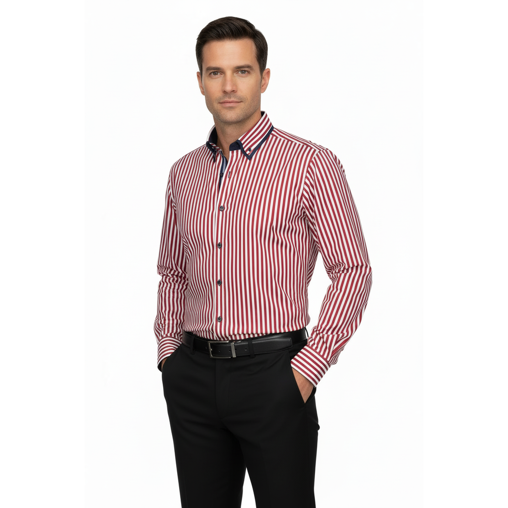 Men Makrom Shirt Cotton Blend wrinkle less Double collar Stripe 6493 red white