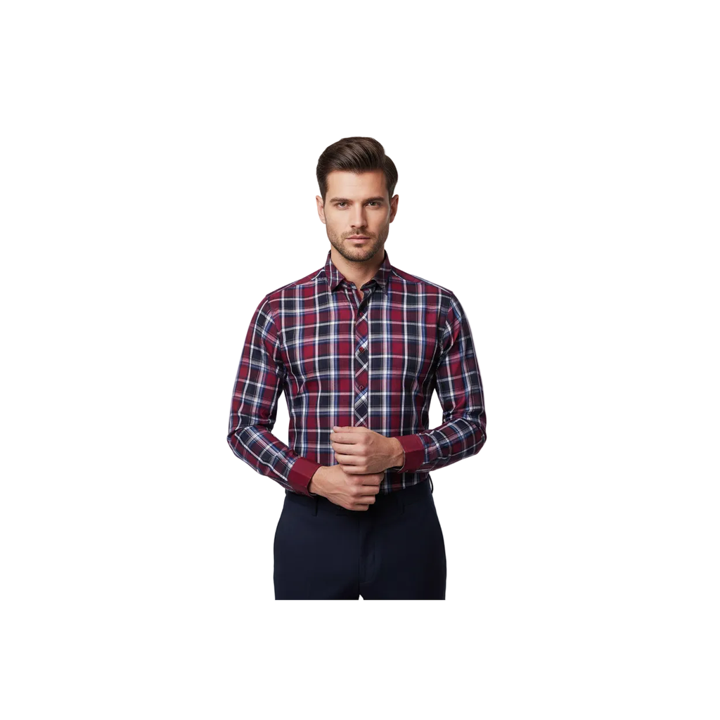 Men Makrom Turkey Soft Cotton Shirt 5403-02 English Plaid Wine Blue Slim Fit New