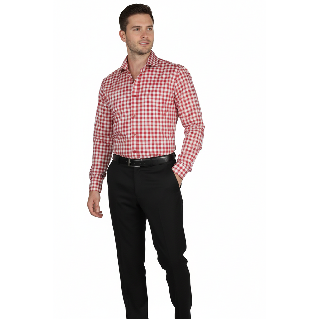 Men Oscar Banks All Cotton Shirt English Spread Collar Plaid Checker 5949 Red