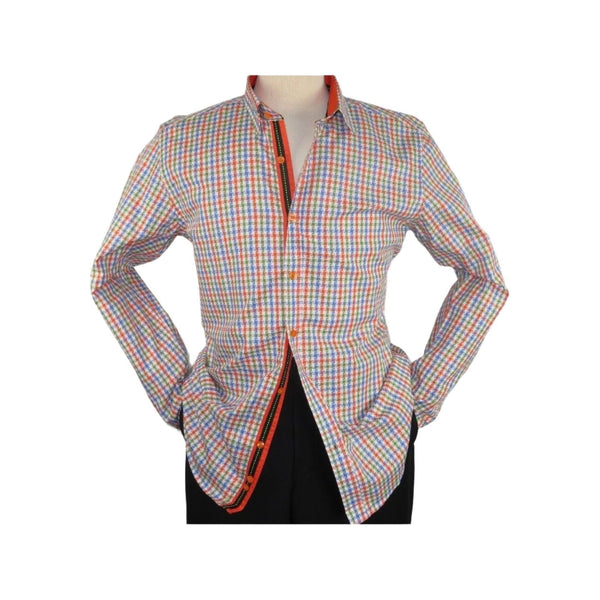 Men Oscar Banks All Cotton Shirt Hidden Button Down Collar Checker 5851 Orange - J.Valintin Men's Wear Legend - 29023