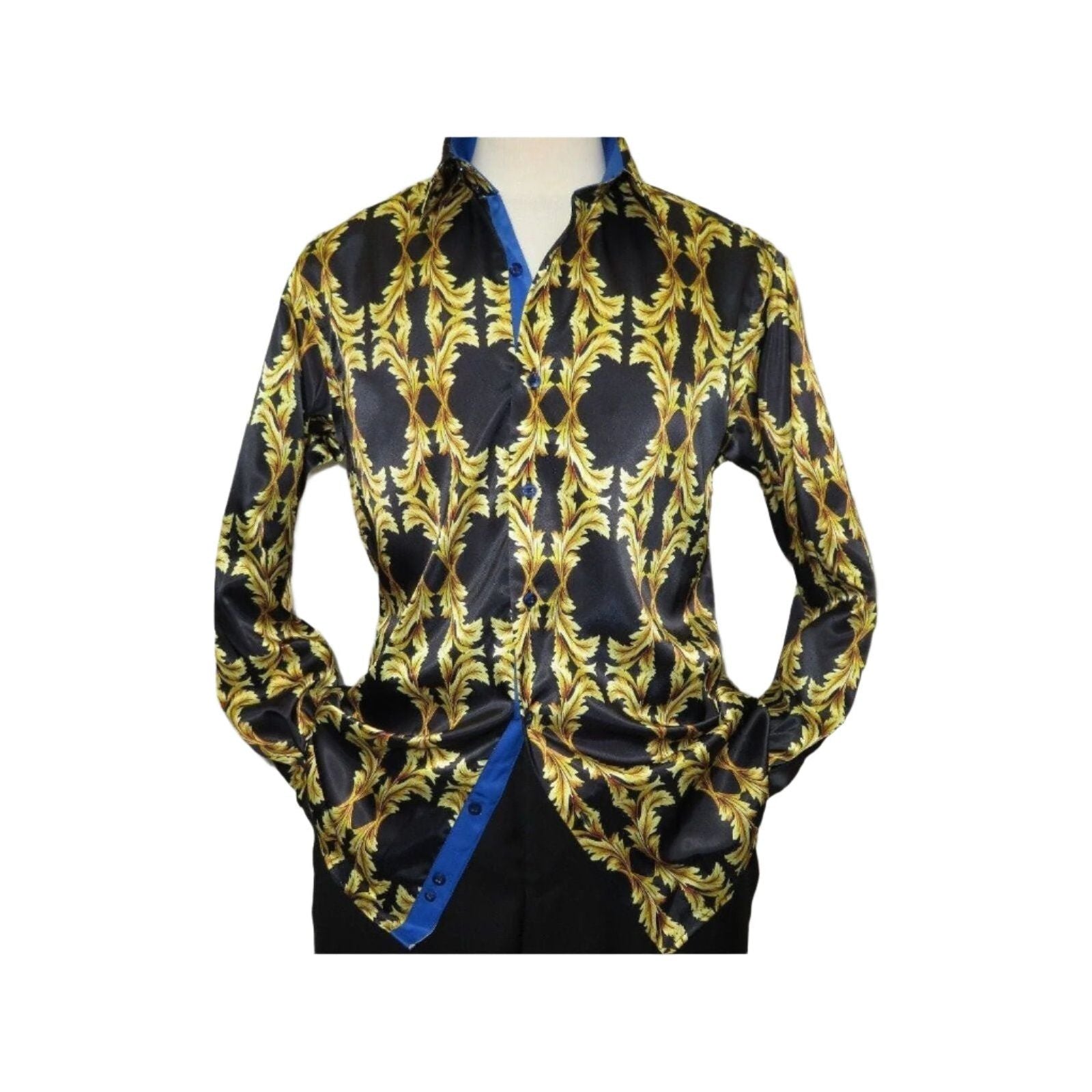 Men Oscar Banks Turkey Shirt Satin Singer Performer 6268-07 Black Gold Floral Men Oscar Banks Turkey Shirt Satin Singer Performer 6268-07 Black Gold Floral