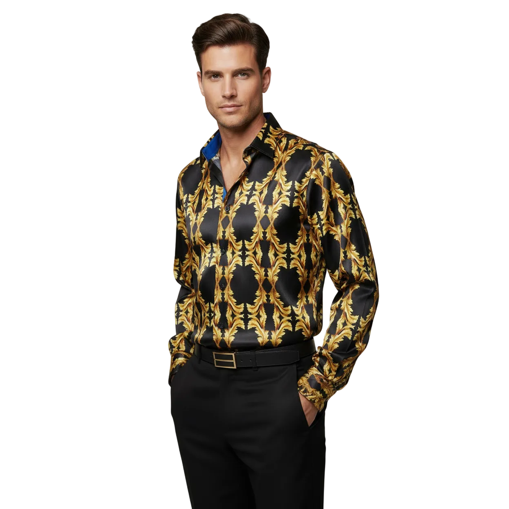 Men Oscar Banks Turkey Shirt Satin Singer Performer 6268-07 Black Gold Floral